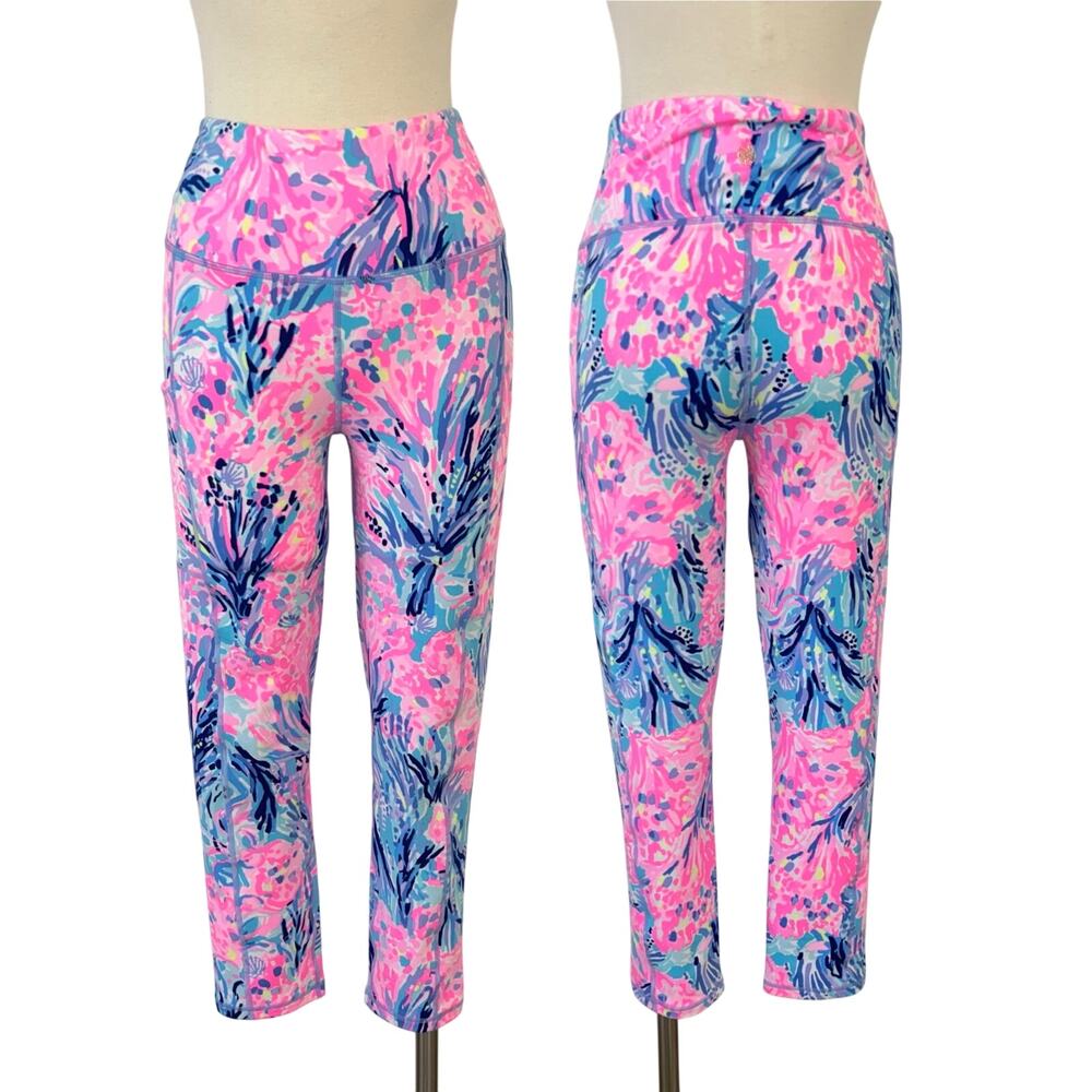 Lilly Pulitzer Luxletic Weekender High Rise Pants Leggings Periwinkle Fan Sea M